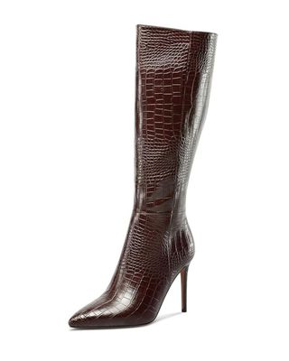 Magiopy spitze Zehen-Reißverschluss-kniehohe Stiefel für Damen, hohe Stiletto-Absätze, Freizeitkleidung, Abschlussball, Party, Winterschuhe, 10 cm Absätze, Braun, Rose, 3 UK