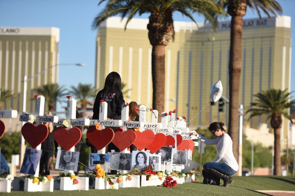 58 white crosses for the victims of Sunday night&amp;#039;s mass shooting o the Las Vegas Strip just south of the Mandalay Bay hotel, October 6, 2017 in Las Vegas, Nevada. 