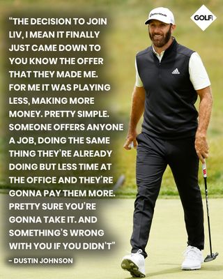Image of Dustin Johnson with a quote about why he joined LIV Golf written on top