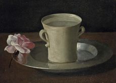 A cup of water and a rose, about 1630, oil on canvas, 8½in by 12in, by Francisco de Zurbarán (1598–1664) which hangs in The National Gallery, Trafalgar Square. Credit: National Gallery, London