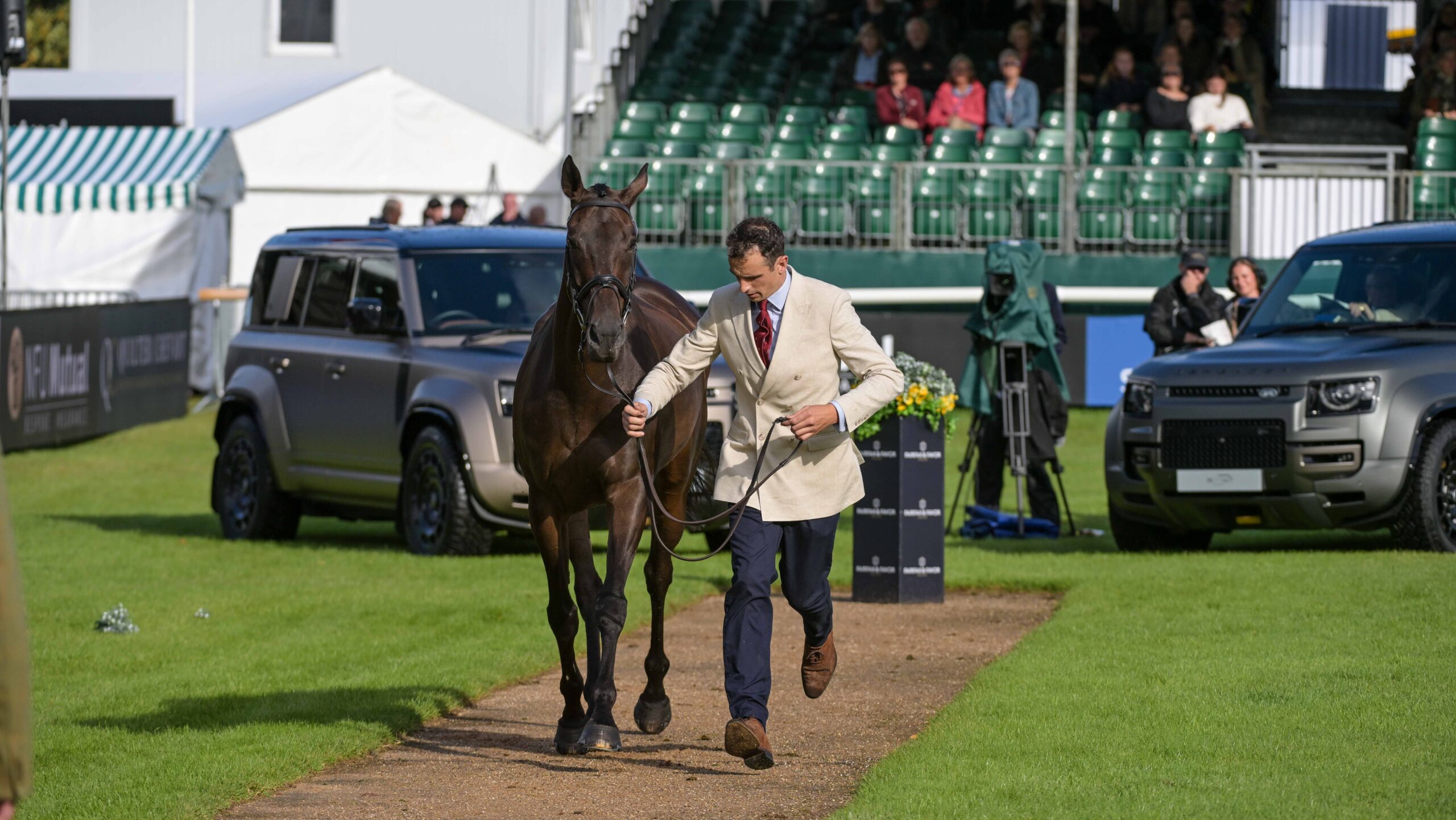 Burghley trot-up Tom Strawson riding PUBLIC ADDRESS in the 1st Horse Inspections of the Defender Burghley Horse Trials, in the park land surrounding Burghley House near Stamford in Lincolnshire in the UK between 3rd - 7th September 2025
