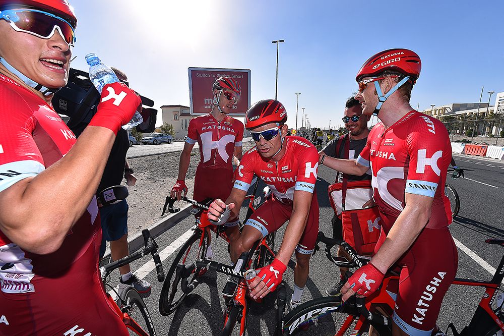 Katusha congratulate Alexander Kristoff after his victory