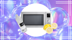 A microwave, lemon slices and white vinegar on a purple bubbly background