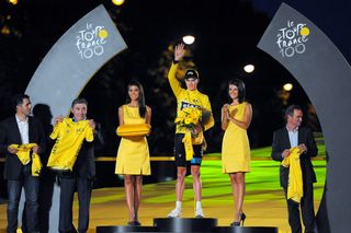 Chris Froome on the final Tour de France podium in 2013 with Barnard Hinault, Eddy Merckx and Miguel Indurain