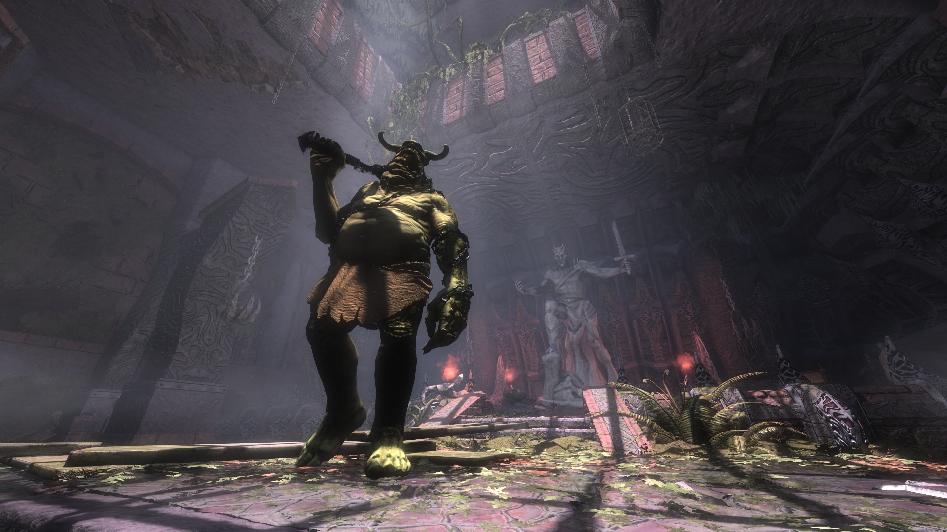 Large ogre-type monster with shrine statue to Malacath visible in background in Skywind