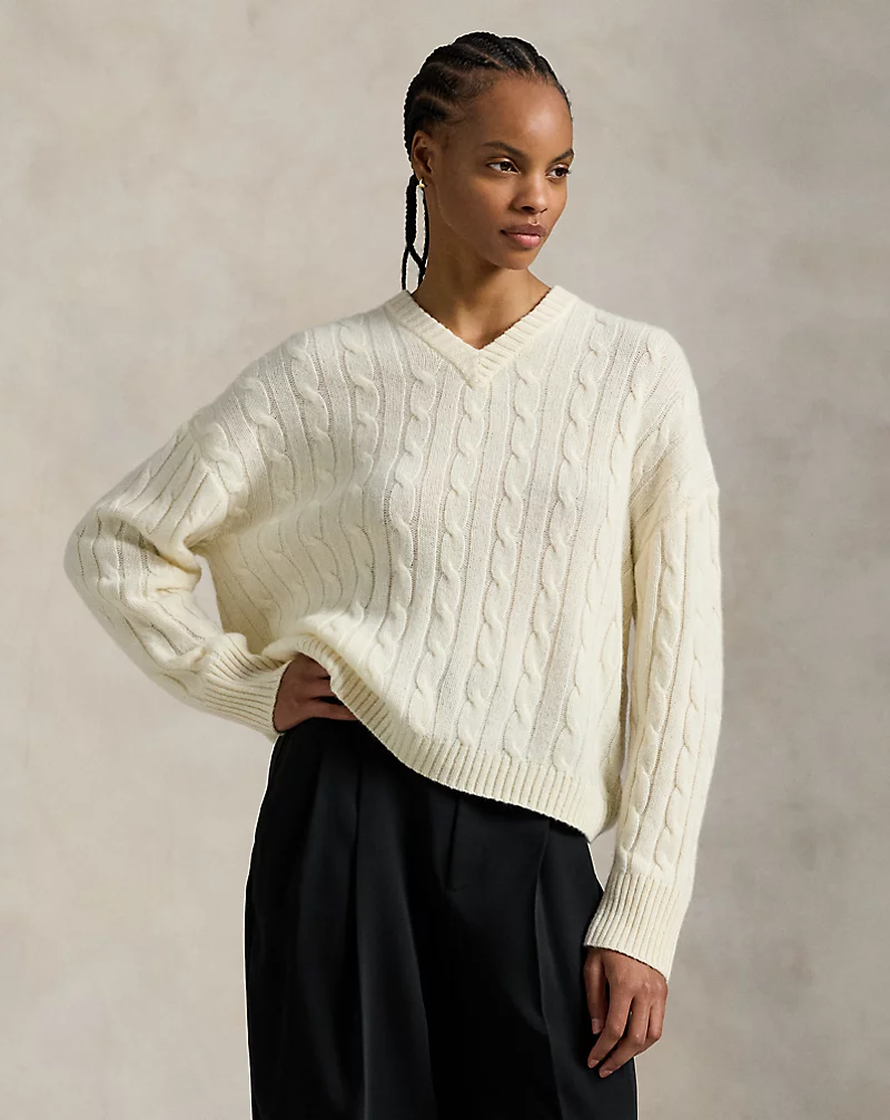 Cable Knit Cashmere V Neck Jumper