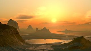3D rendered landscape at sunrise.