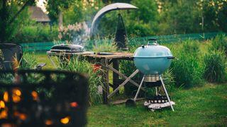 A blue Weber kettle grill next to a Weber travel grill in a garden