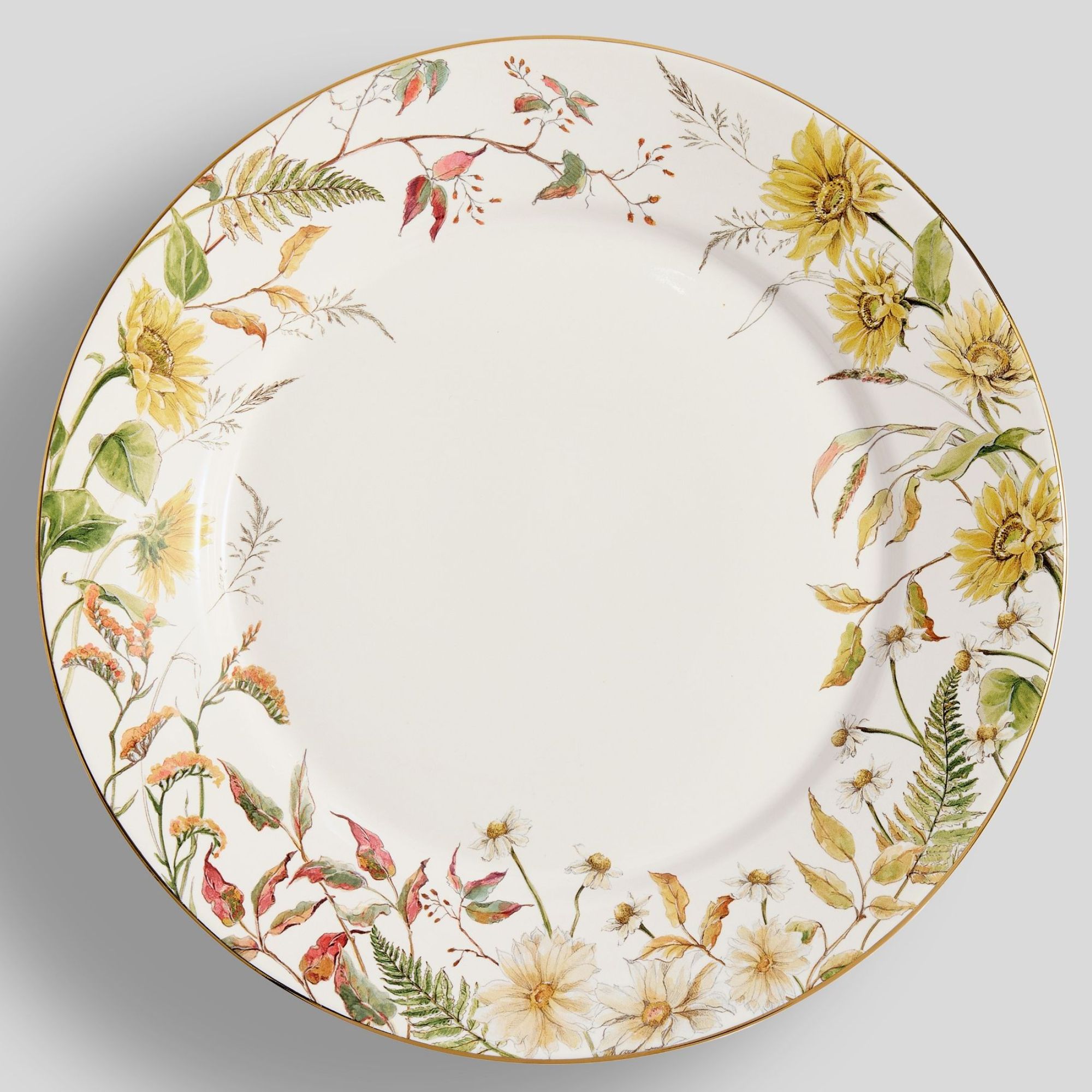 White dinner plate with yellow, green and white harvest botanical motif 