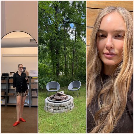 a three grid image featuring a woman with long blonde wavy hair in a black top on the left, a scene of outdoors with a grill and fire pit in the middle, and a woman in a mirror selfie with leopard shorts and red shoes on the right