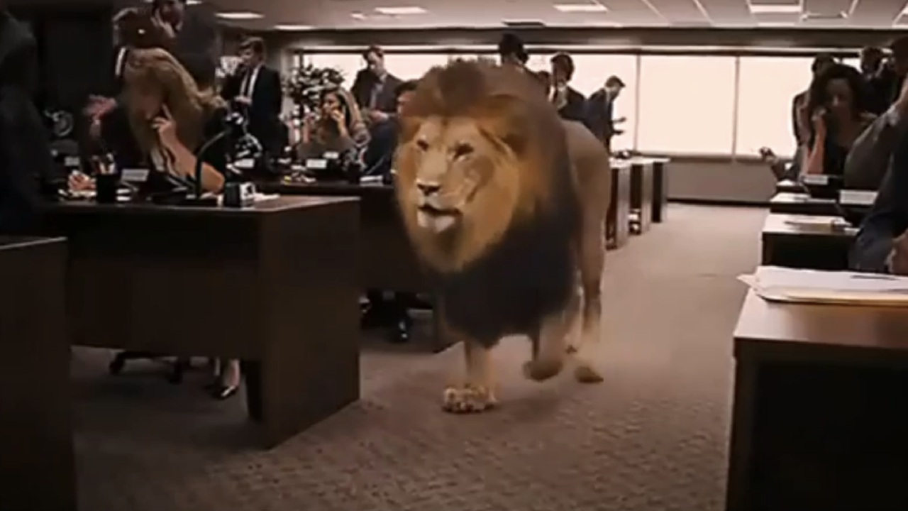 Lion in a brokerage firm from Stratton Oakmont Inc. ad from The Wolf of Wall Street