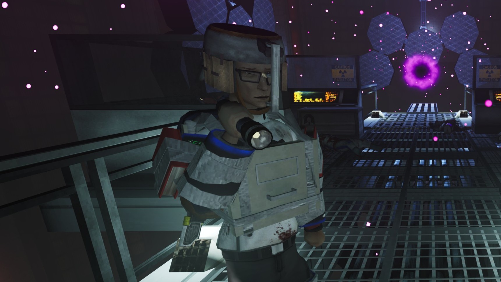 An Abiotic Factor scientist (player character) wearing makeshift armor. It&#039;s mostly cardboard, toilet paper rolls, and pieces of office furniture. 