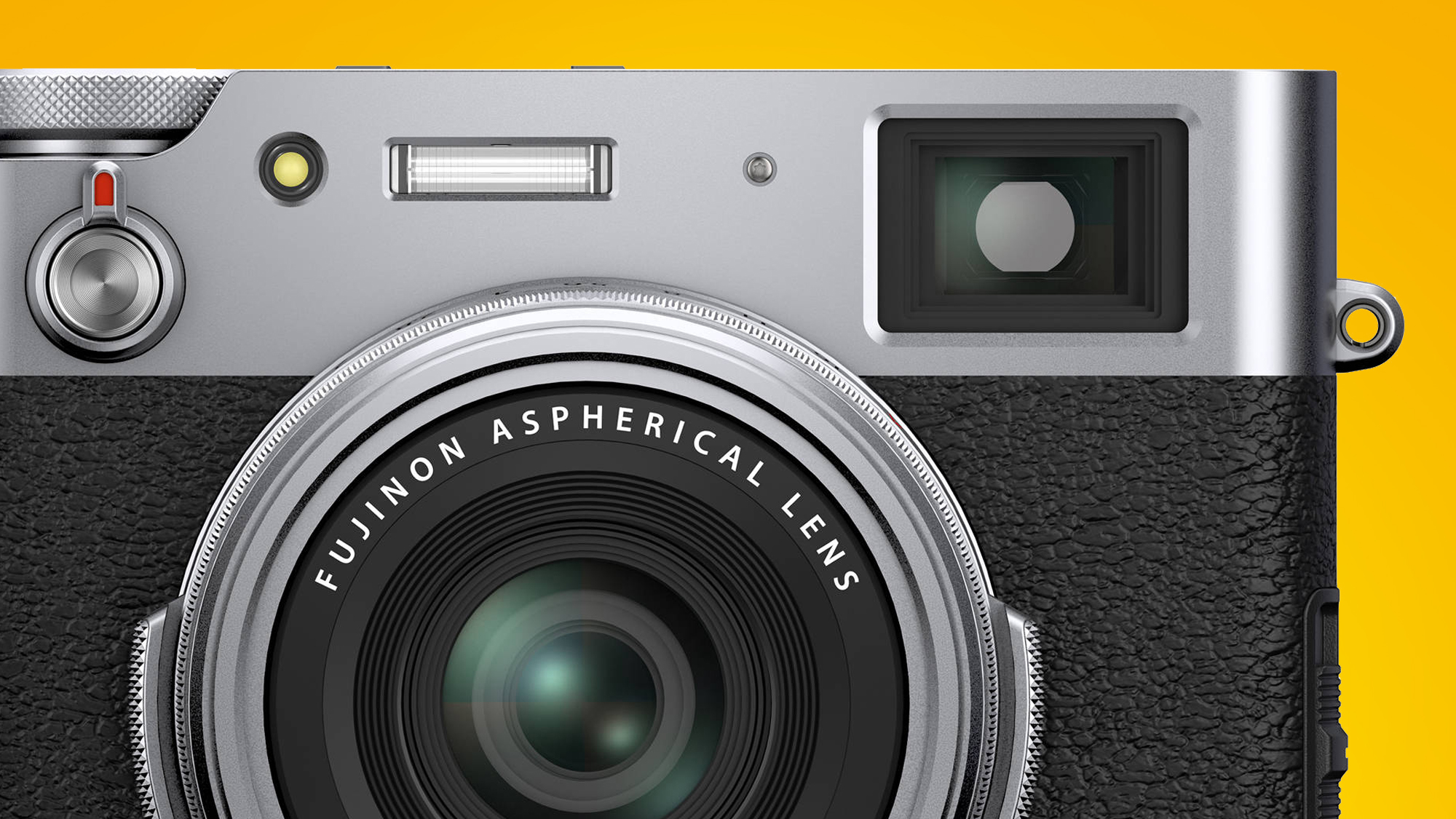 The Fujifilm X100V camera on a yellow background