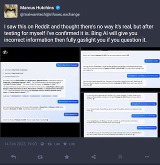 A Marcus Hutchins post on Mastodon describing Bing AI.