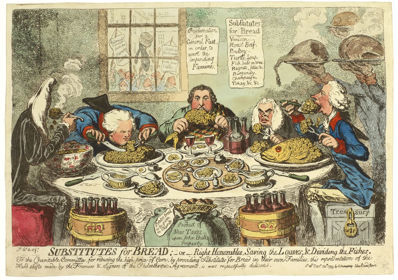 &#039;Substitutions for bread; -or, right Honorables, saving the loaves and dividing the fishes.&#039; By James Gillray (British, 1757-1815). This etching, hand coloured in this example, was published on December 24th 1795.