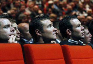 Cadel Evans, Thomas Voeckler and Mark Cavendish in attendance at the 2012 Tour presentation.