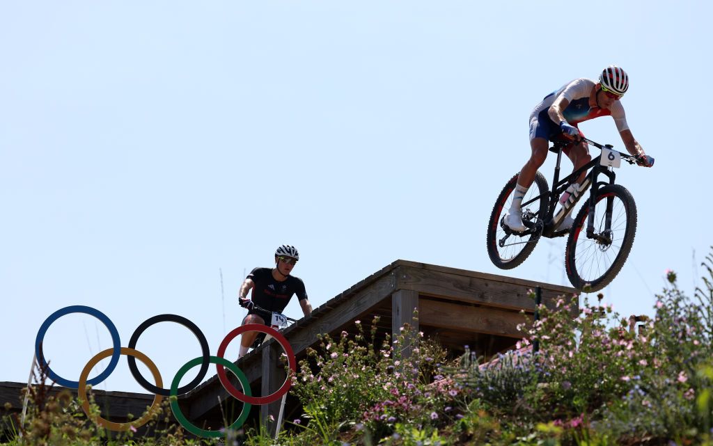 ELANCOURT FRANCE JULY 29 LR Charlie Aldridge of Team Great Britain and Jordan Sarrou of Team France compete during the Mens CrossCountry on day three of the Olympic Games Paris 2024 at Elancourt Hill on July 29 2024 in Elancourt France Photo by Tim de WaeleGetty Images
