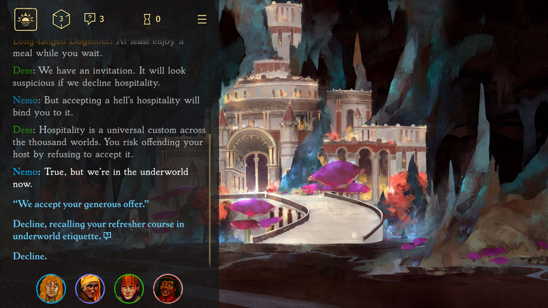 Partymembers debate accepting an invitation in the afterlife in Thousand Hells: The Underworld Heists.