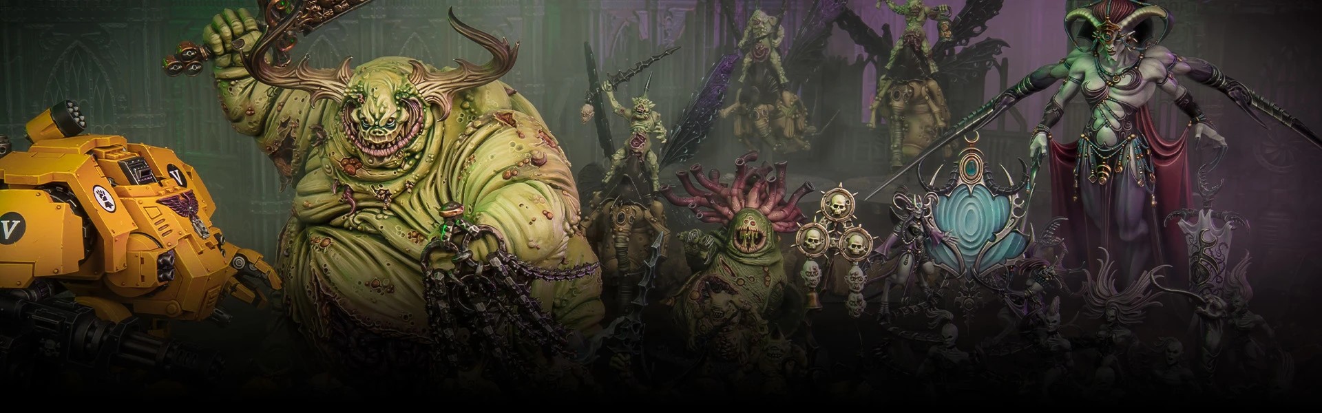 An array of demons facing a yellow Dreadnought