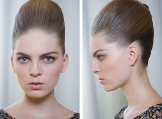 Model sculptural hair-dos were perfectly matched to the pastel palette of make-up