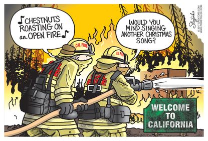 Editorial cartoon U.S. Christmas California wildfires
