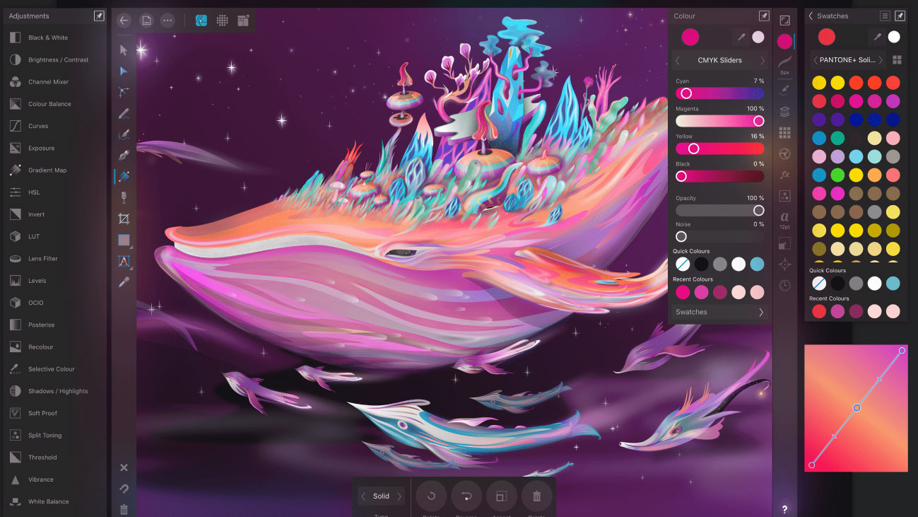Drawing apps for iPad: Affinity Designer. Digital illustration of a cosmic whale in space