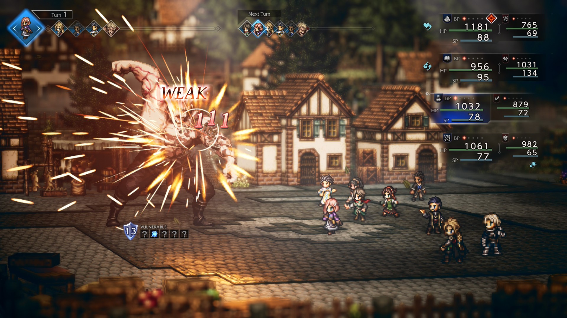 The party fight a strongman in town in Octopath Traveler 0