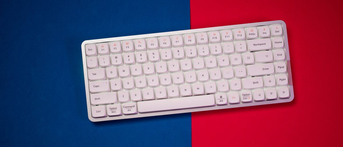 Lofree Flow keyboard on a blue and red background