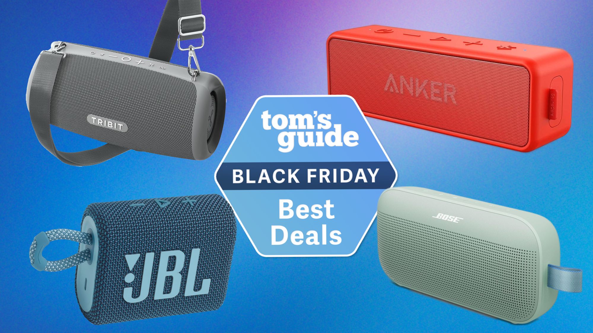 Tribit Strombox Lava, JBL Go 3, Anker Soundcore 2, Bose Soundlink Flex (2nd Gen) with Black Friday deals tag 
