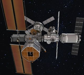 artist's illustration of a space station with solar panels and a cone-shaped spacecraft