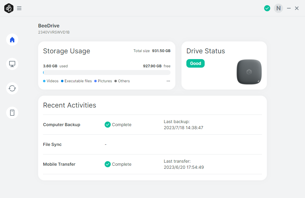Synology BeeDrive device home screen