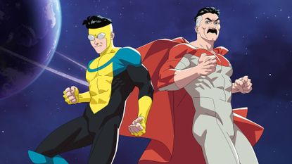 Mark Grayson (Steven Yeun) and Omni-Man/Nolan (J.K. Simmons) posing on the poster for Invincible season 4
