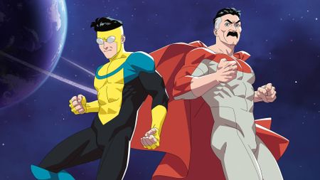 Mark Grayson (Steven Yeun) and Omni-Man/Nolan (J.K. Simmons) posing on the poster for Invincible season 4