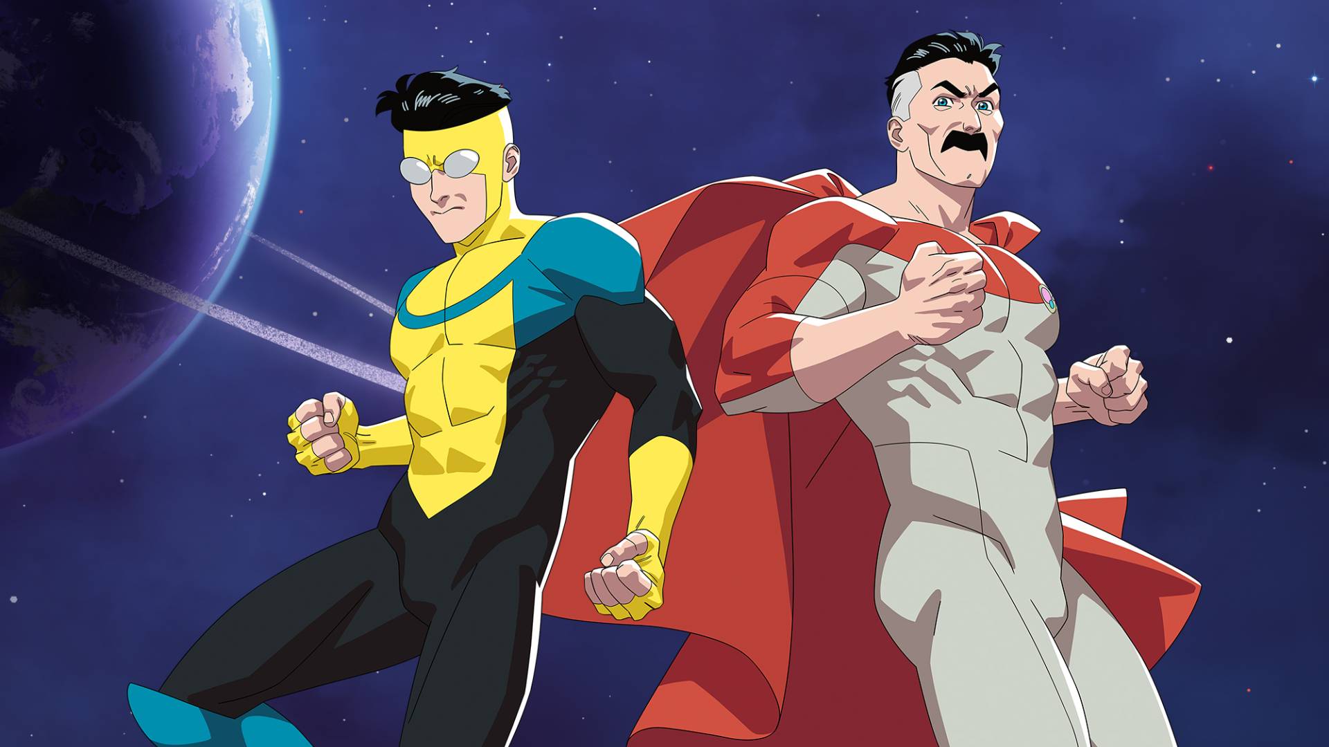 Mark Grayson (Steven Yeun) and Omni-Man/Nolan (J.K. Simmons) posing on the poster for Invincible season 4