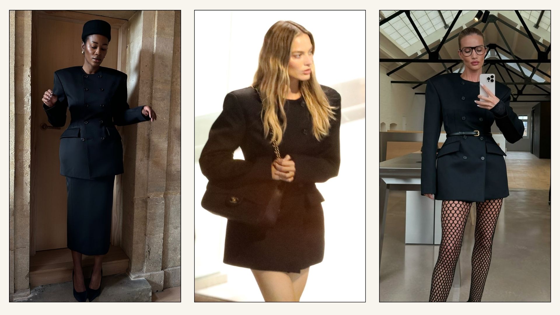 Collage of influencers and Margot Robbie and Rosie Huntington-Whiteley wearing the Wardrobe.NYC black blazer dress.