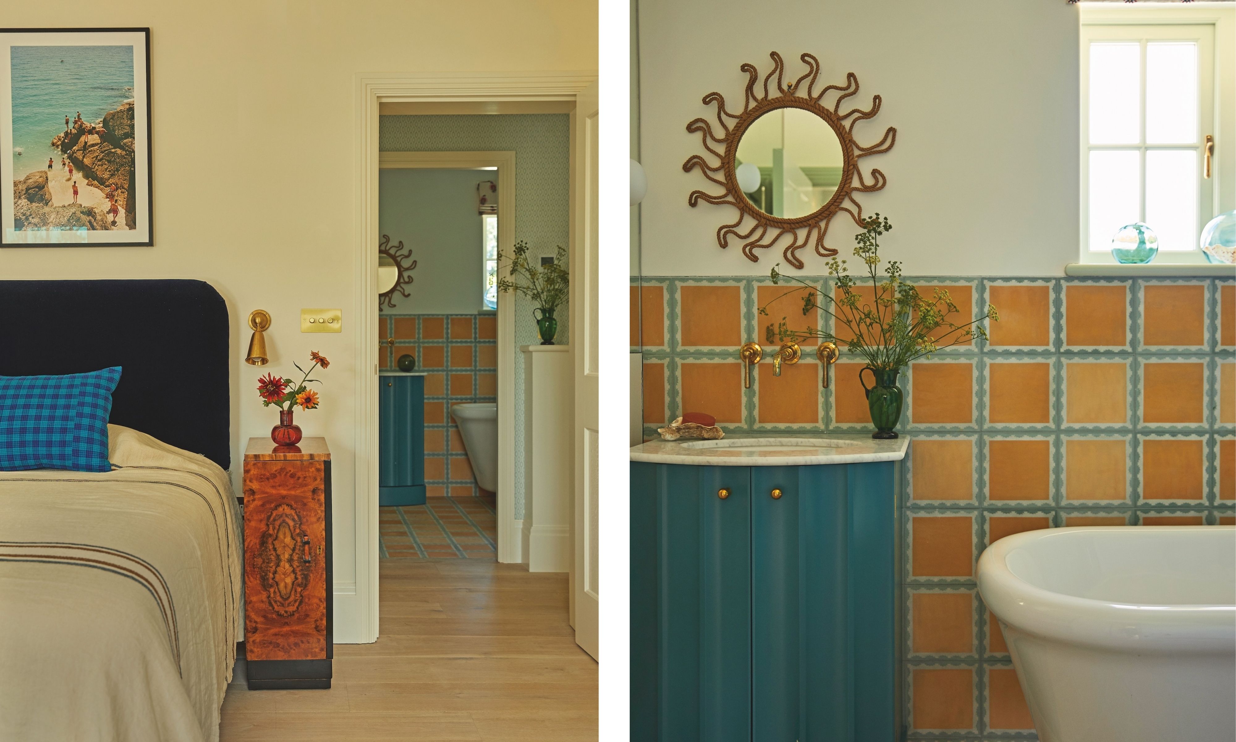 Bedroom and bathroom in warm tones