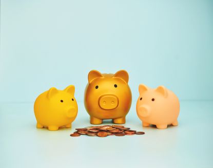 Row of three piggy banks behind a stack of coins. 