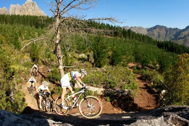 Nino Schurter leads his Scott Swisspower teammates on one of the trails in Stellenbosch, South Africa, during their Absa Cape Epic preparation