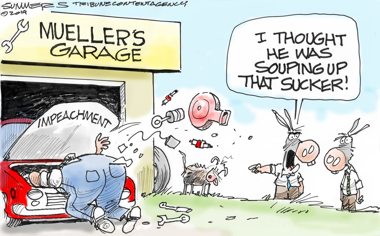 Political Cartoon U.S. Muellers Garage Impeachment Engine Removed