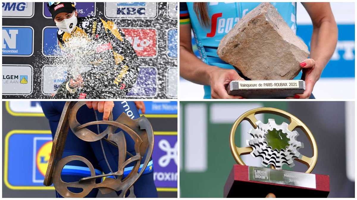 Composite of podiums from Gent-Wevelgem, Paris-Roubaix, Tour of Flanders and Liege Bastogne Liege