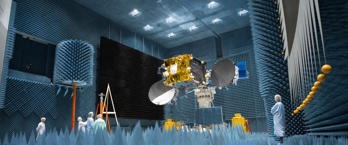 In Ottobrunn, Germany, the European Space Agency's laser satellite EDRS-C undergoes final testing at Airbus Defence &amp; Space before being shipped to the launch site in Kourou, French Guiana.