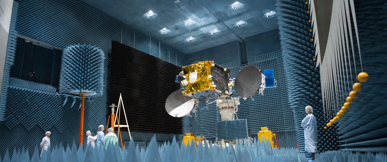 In Ottobrunn, Germany, the European Space Agency's laser satellite EDRS-C undergoes final testing at Airbus Defence &amp; Space before being shipped to the launch site in Kourou, French Guiana.