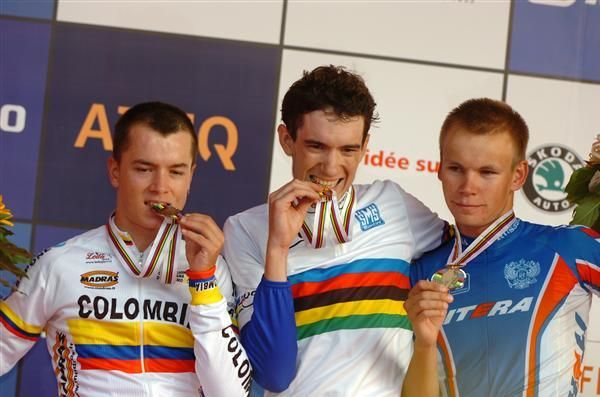 Betancur Gomez Carlos Alberto (2nd, Colombia), Romain Sicard (1st, France) and Egor Silin (3rd, Russia)