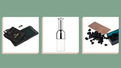 three of w&h's picks for unique Christmas gifts—HigherDOSE Infrared PEMF Go Mat, eto wine decanter and Crabtree & Evelyn Raw Instinct Rock Diffuser set—on a green background