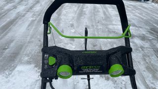 lights and handle on the greenworks snow blower during testing