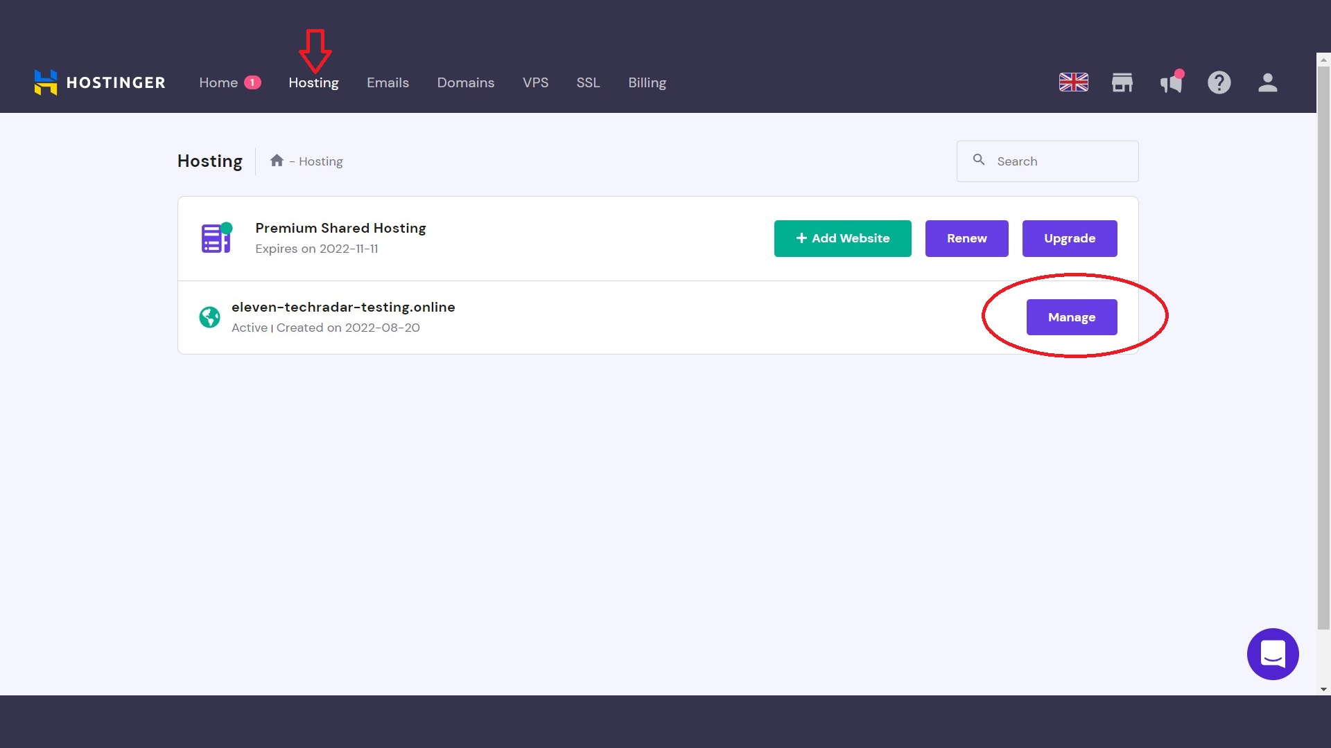 Hostinger Hosting menu