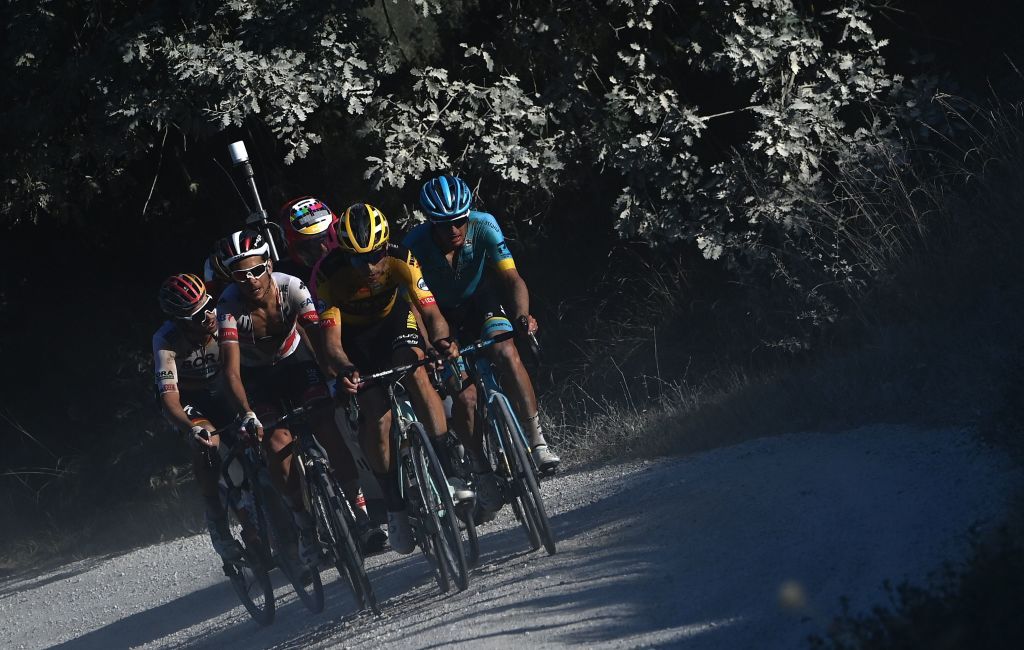 Team JumboVisma Belgian rider Wout van Aert C leads the break away through a dusty gravel road in the oneday classic cycling race Strade Bianche White Roads on August 1 2020 around Siena Tuscany Photo by Marco BERTORELLO AFP Photo by MARCO BERTORELLOAFP via Getty Images
