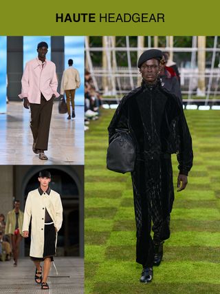 A collage highlighting the "Haute Headgear" trend at the men's spring summer 2025 shows, with images from Louis Vuitton, Hermes, and Wales Bonner.