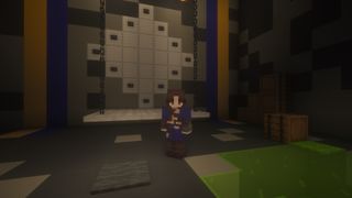 Minecraft skins - Lucy from the Fallout TV show in front of a vault entrance