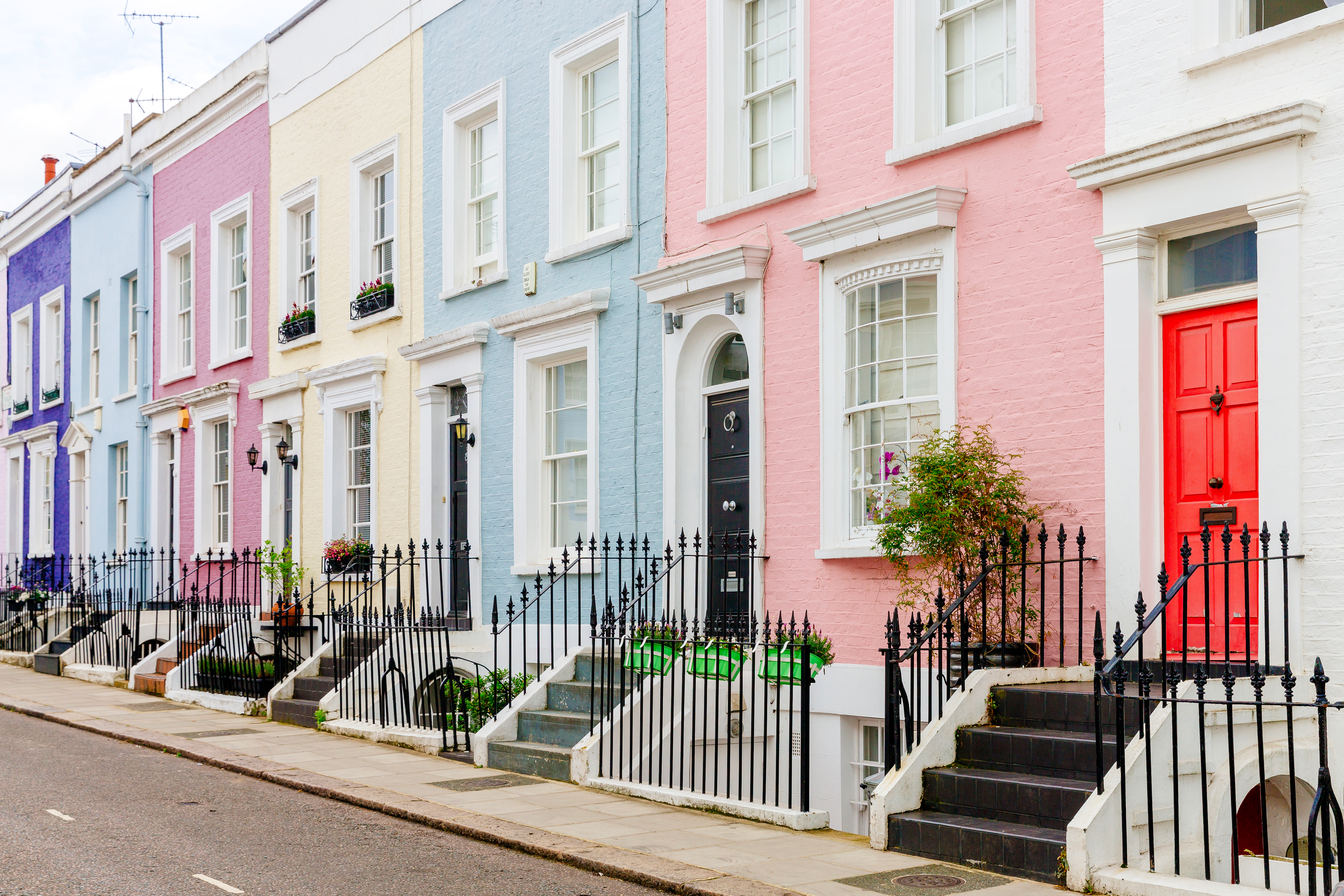 Row of colourful London terraced houses 